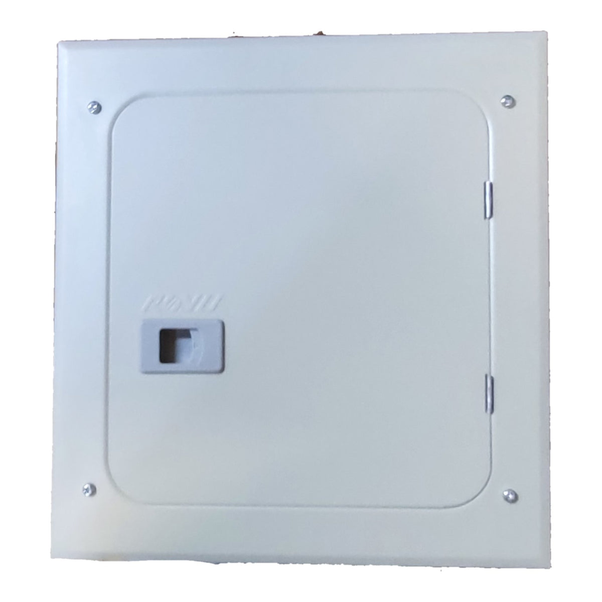 A square white metal electrical junction box or panel with a recessed door, corner screws, hinges on the right side, and a small square port on the front.