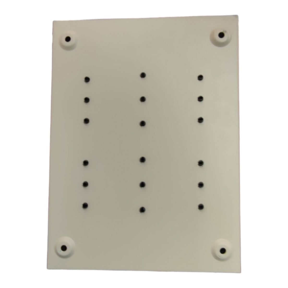 A square off-white plastic mounting plate with four circular screw holes at the corners and a grid of twelve small black dots in the center, shown on a plain white background.