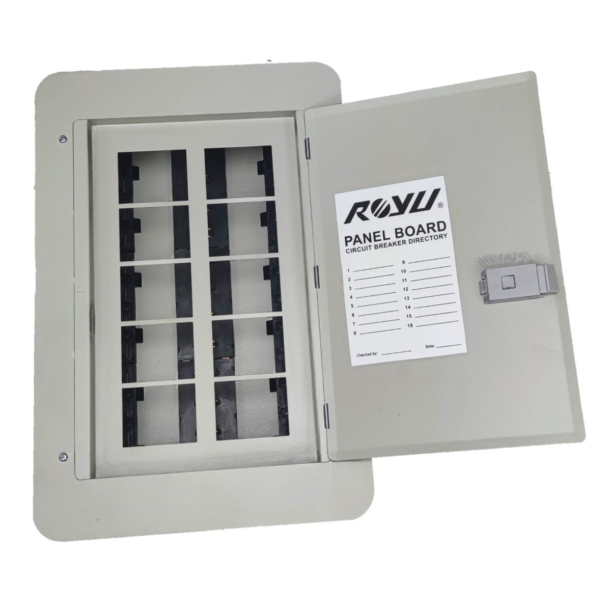Royu Panel Board 5x5 10 Holes for 2 Pole Plug in Circuit Breaker 10 Breakers 2 Pole Plug in Panel Box 8 Branches RPF01P2N10 I Electx Electrical Supply