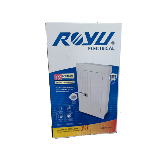 Royu 6x6 two pole plug in panel box with 12 breakers and full dead front protection in beige color