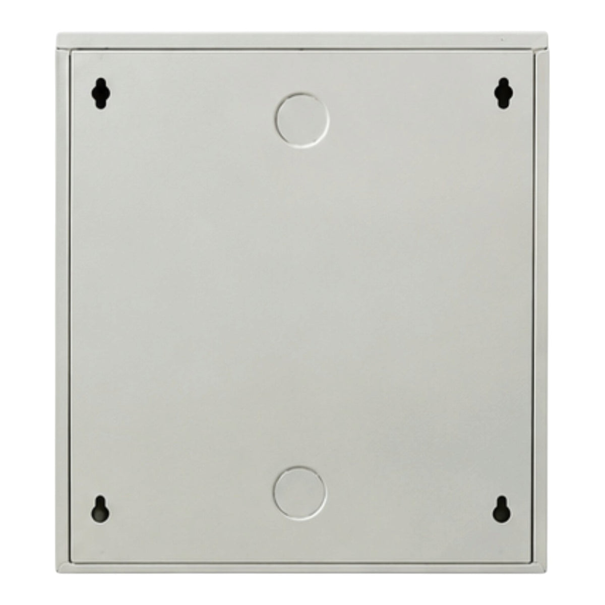 A square metal electrical junction box cover or panel with a brushed silver finish, featuring pre-drilled circular holes and four mounting tabs in the corners, shown against a plain white background.