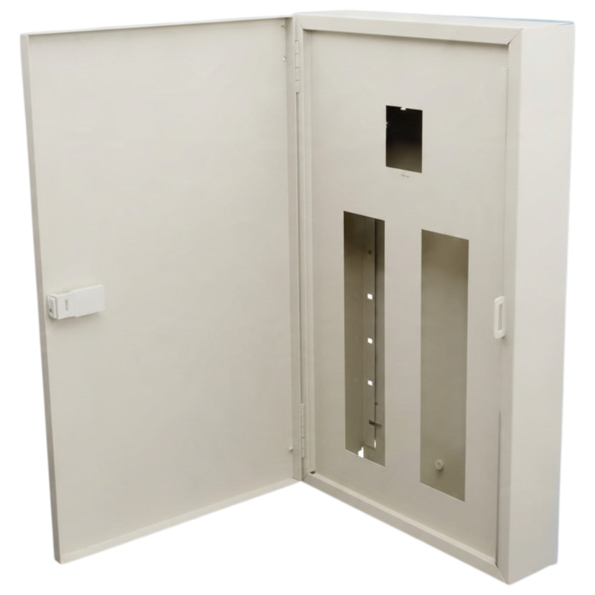 An off-white metal electrical panel or junction box with its door swung open, showing internal mounting slots and a lock on the exterior door.