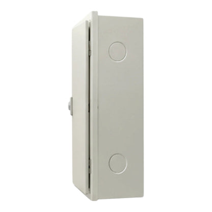 A light gray plastic electrical junction box with a hinged door, shown in a side profile view against a plain white background.