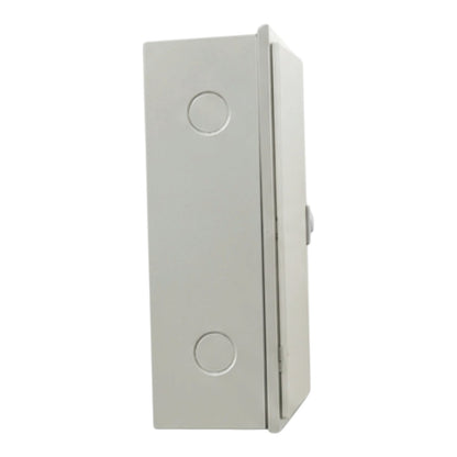 A light gray metal electrical junction box with two circular screw terminals on the front face, shown against a plain white background.