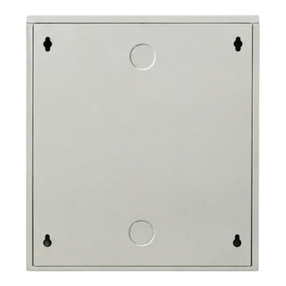 A square metal electrical junction box cover or panel with a brushed silver finish, featuring pre-drilled circular holes and four mounting tabs in the corners, shown against a plain white background.