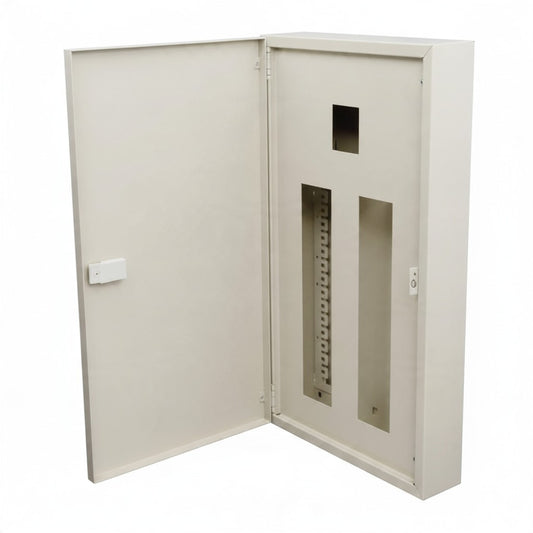 An off-white metal electrical distribution cabinet with its door swung open, showing the interior panel tray and terminal slots against a plain white background.
