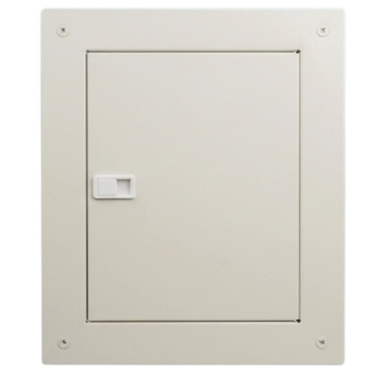 A square beige utility or electrical access door with a small white handle on the left side, shown against a plain white background.