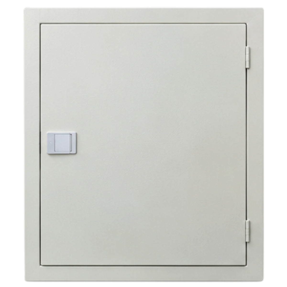 A light gray metal utility door or access panel with a small square handle and hinges on the right side, shown against a plain white background.