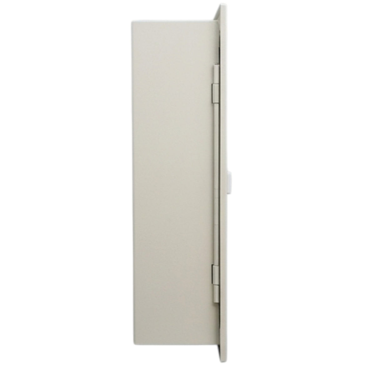 A side profile view of a light beige or off-white metal wall-mounted cabinet or utility box with hinges on the right side, shown against a plain white background.