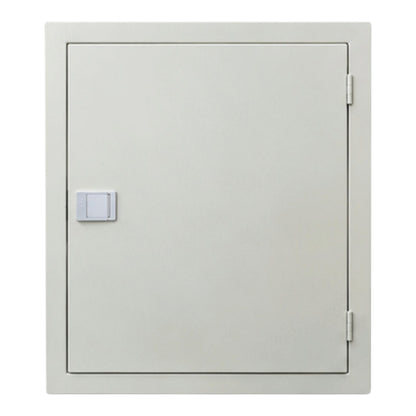 A light gray metal utility or storage cabinet door with a small square handle and hinges on the right side, shown against a plain white background.