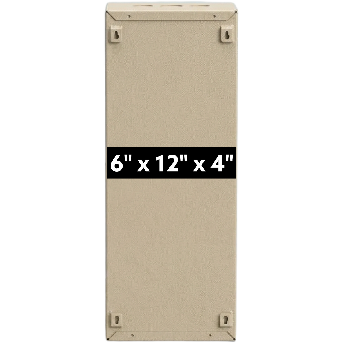 A tall, narrow beige rectangular panel or box shown front-on against a white background, with a black horizontal label across the center reading “6” x 12” x 4”.”.