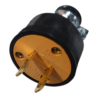 A black and gold Roxy 3-pin industrial electrical plug with a silver metal connector at the top, shown on a white background.