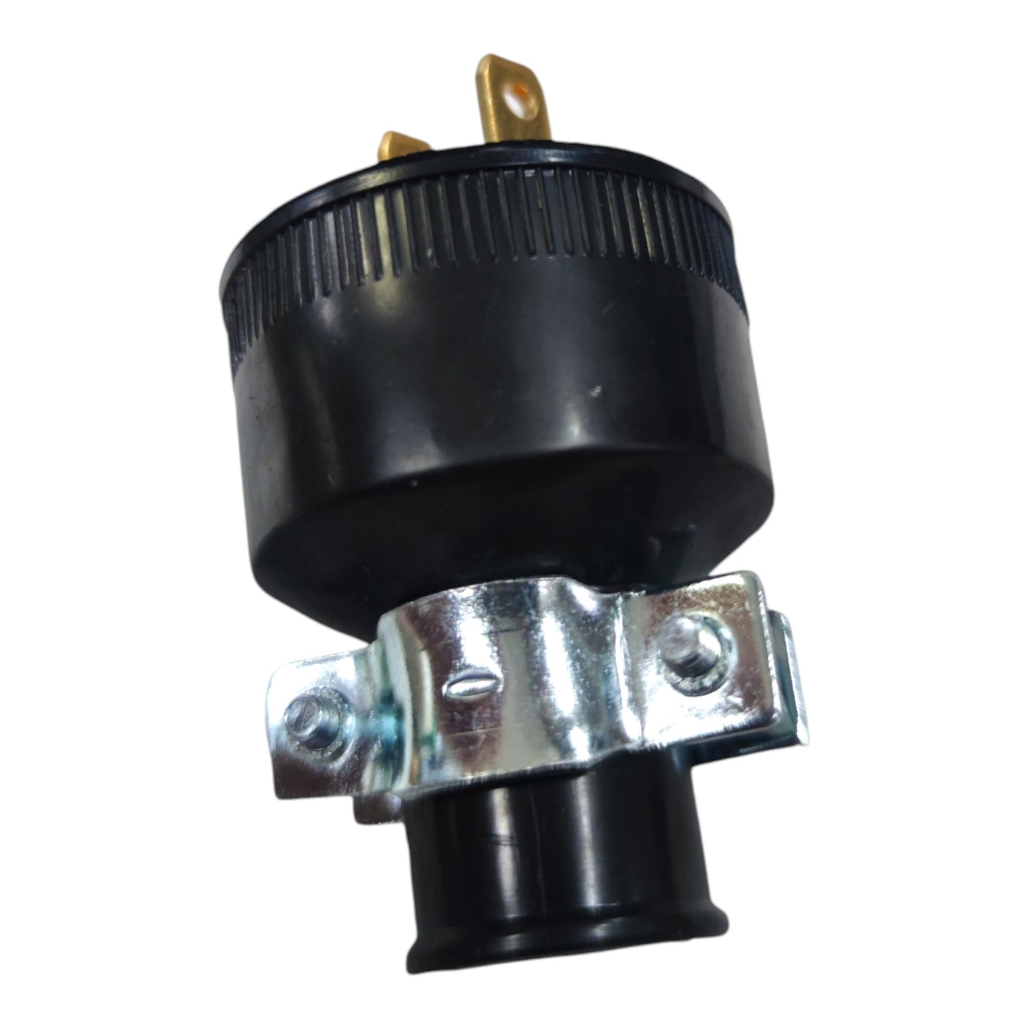 A black plastic electrical outlet adapter with a silver metal clamp and brass-colored pins, isolated on a white background.