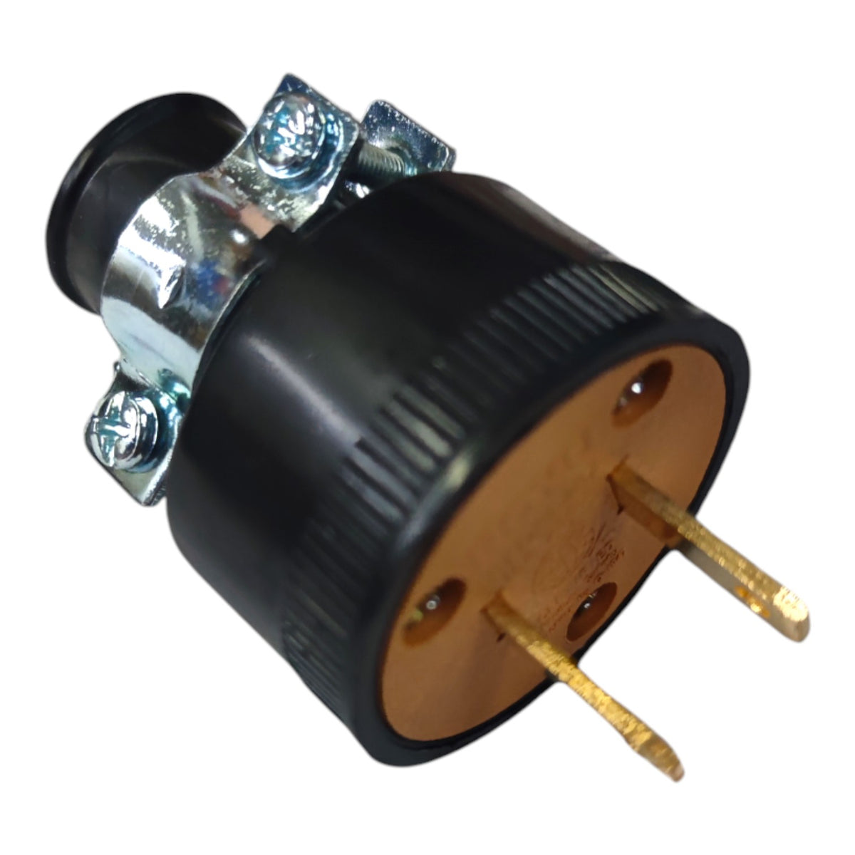 A black plastic electrical outlet or switch component with a silver metal clamp and brass-colored pins, shown on a plain white background.