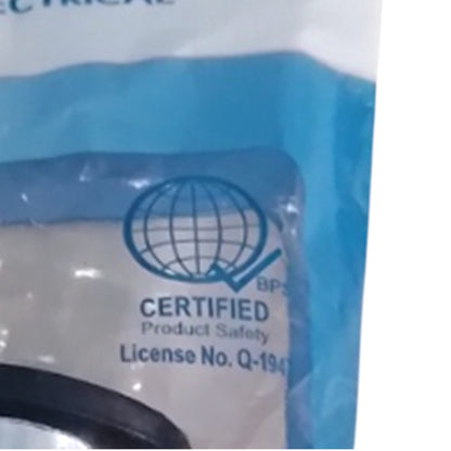 Close-up of a blue and white product packaging sleeve with a 'CERTIFIED Product Safety' logo and text.