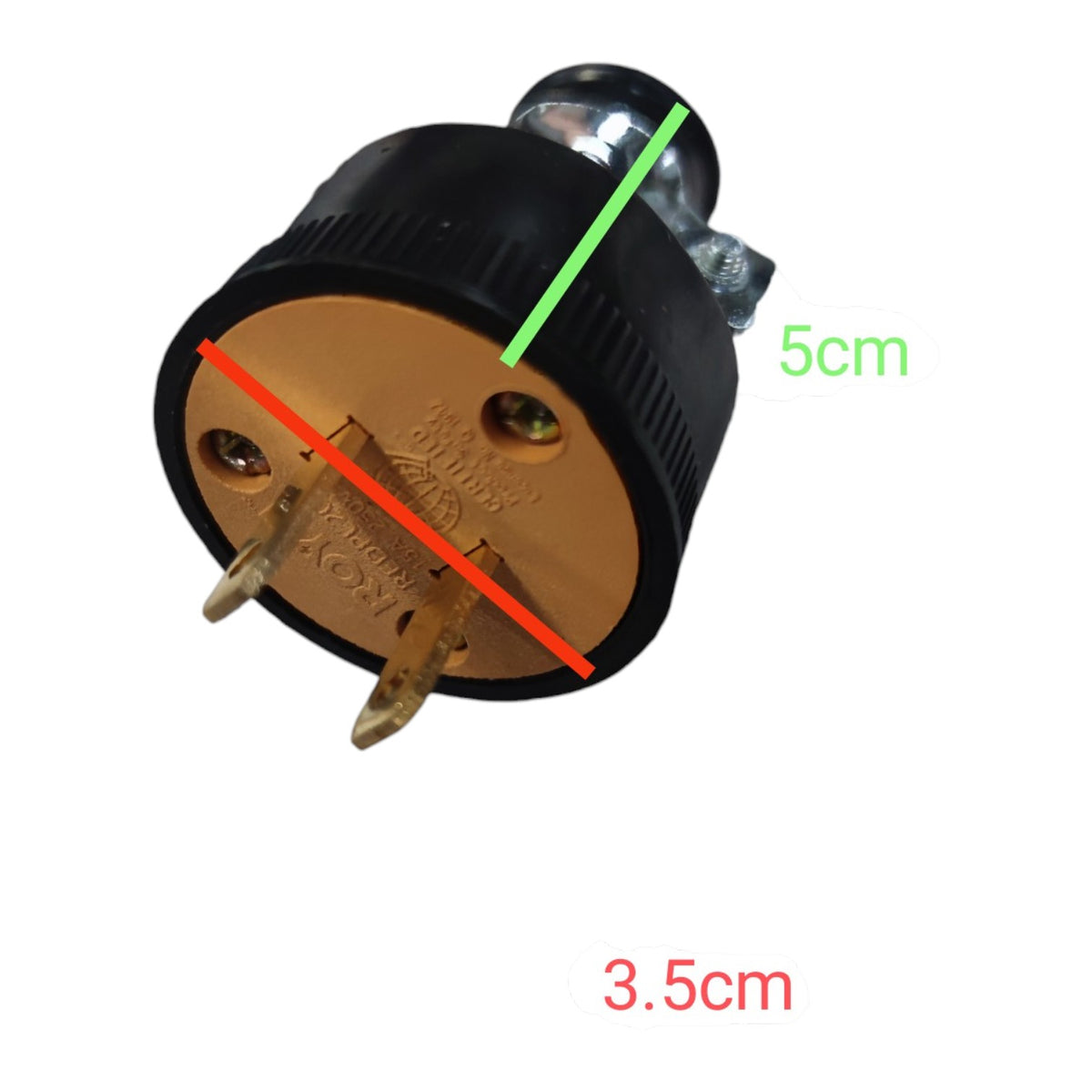 A black electrical plug component with brass-toned metal pins and a silver connector at the top, shown on a white background with overlaid dimension lines labeled 5cm and 3.5cm.