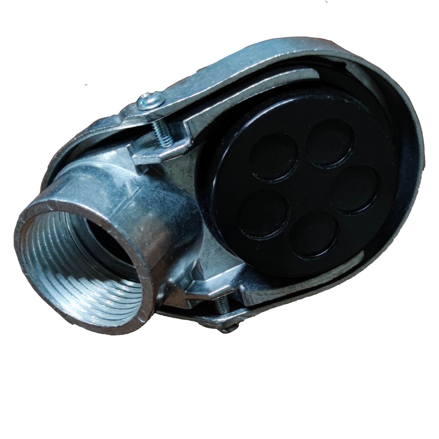 Mechanical component with black and silver design on a white background