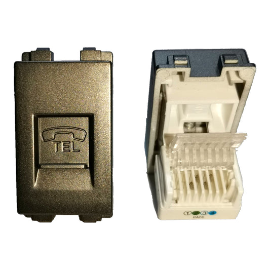 Two views of a RJ45 network jack wall switch: one showing the front with an embossed telephone icon and the text 'TEL', and the other showing the back with the cover removed to reveal the port interior.