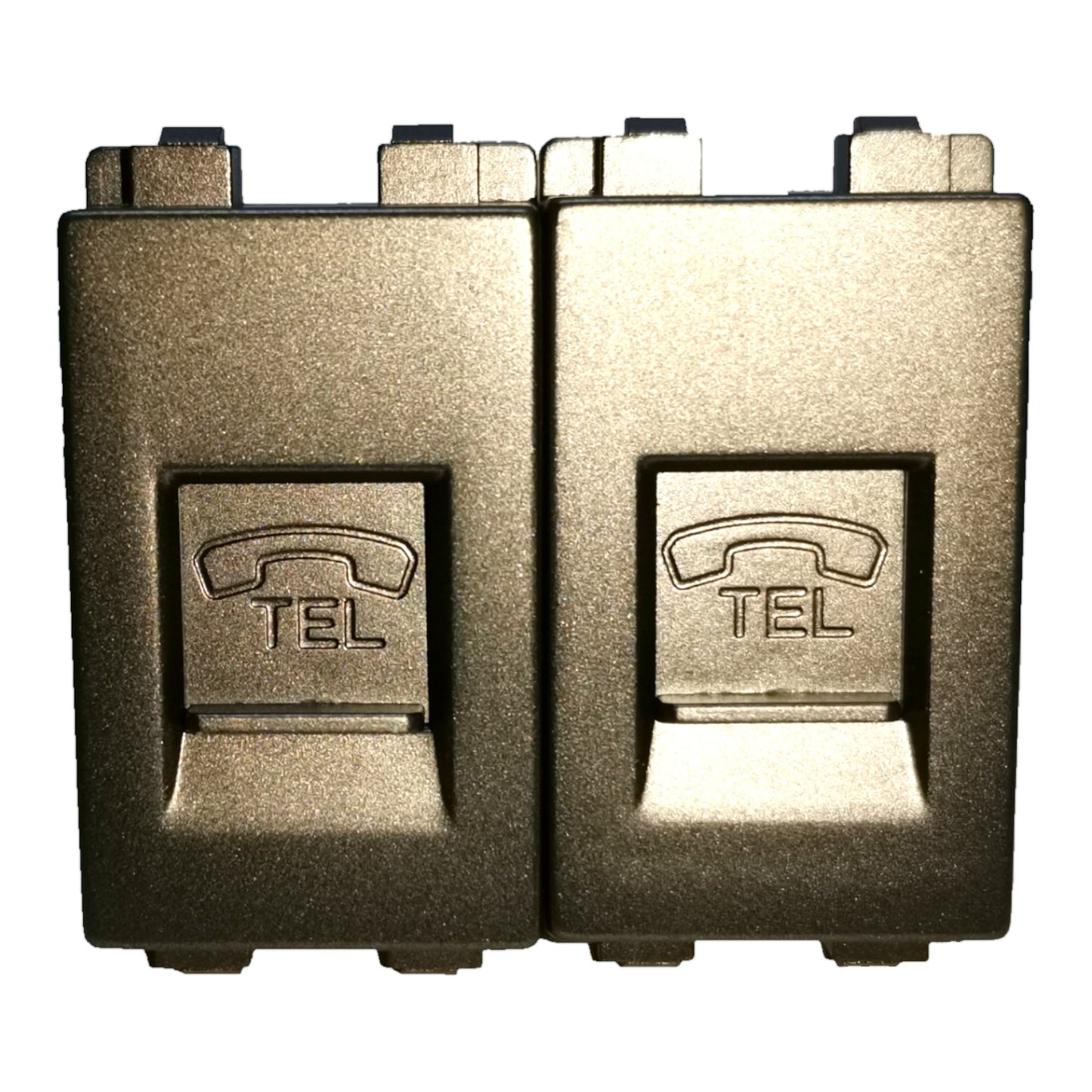 Two matching metallic wall-mounted control modules with embossed telephone icon and the letters TEL on the front, shown side by side on a plain white background.