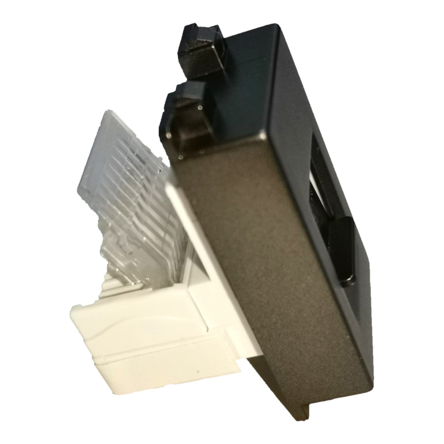 A close-up of a RJ45 network jack connector showing the black outer frame, translucent plastic shield, and white modular insert on a plain white background.