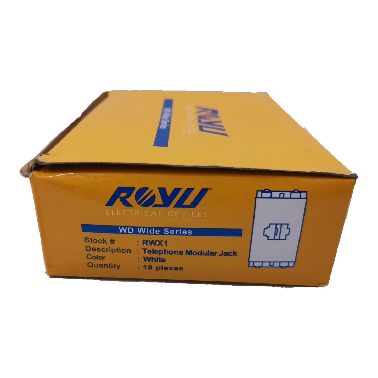 A yellow cardboard box for ROYu Electrical Devices WD Wide Series Telephone Modular Jack, containing 10 pieces of white modular jacks.
