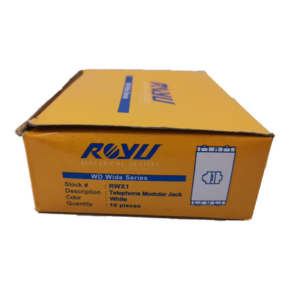 A yellow cardboard box for ROYu Electrical Devices WD Wide Series Telephone Modular Jack, containing 10 pieces of white modular jacks.