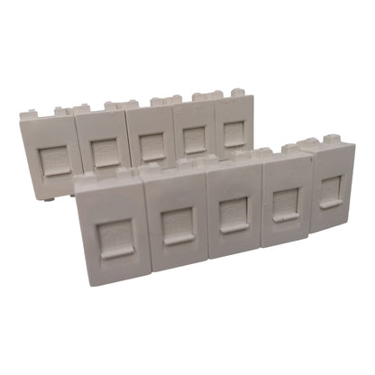 Six light gray plastic modular wall outlets arranged in two rows on a plain white background.