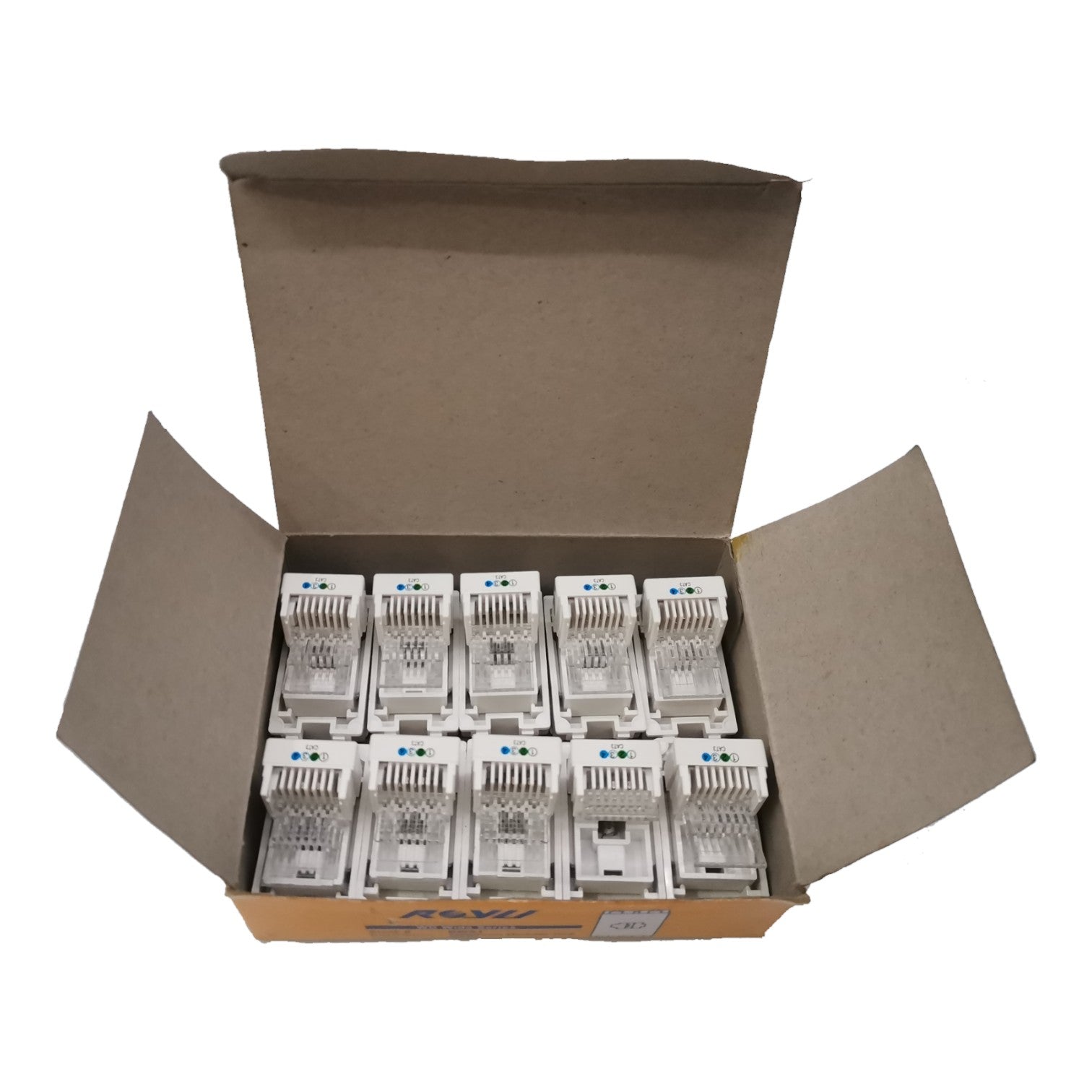 An open brown cardboard box containing eight white RJ45 network module connectors arranged in two rows of four, photographed on a plain white background.