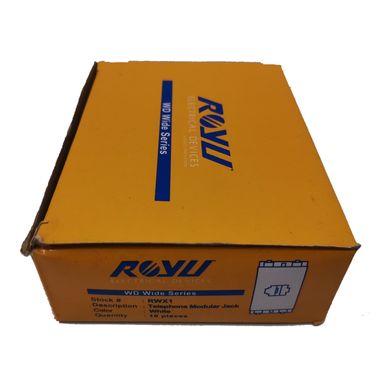 A yellow cardboard box for ROYU Electrical Devices WD Wide Series Telephone Modular Jack, 10 pieces, on a white background.