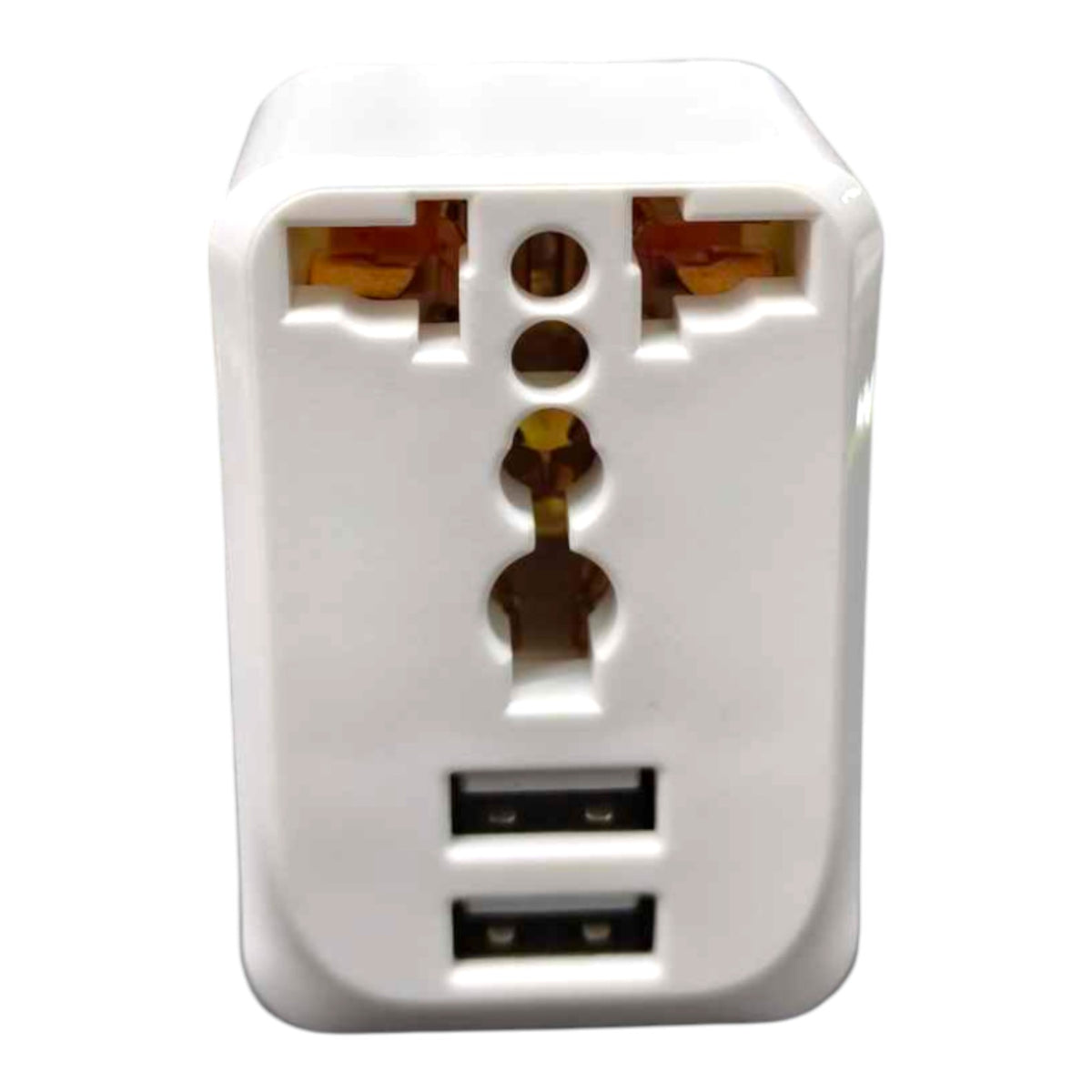 A white universal travel power adapter with multiple USB-C and USB-A ports, shown against a plain white background.