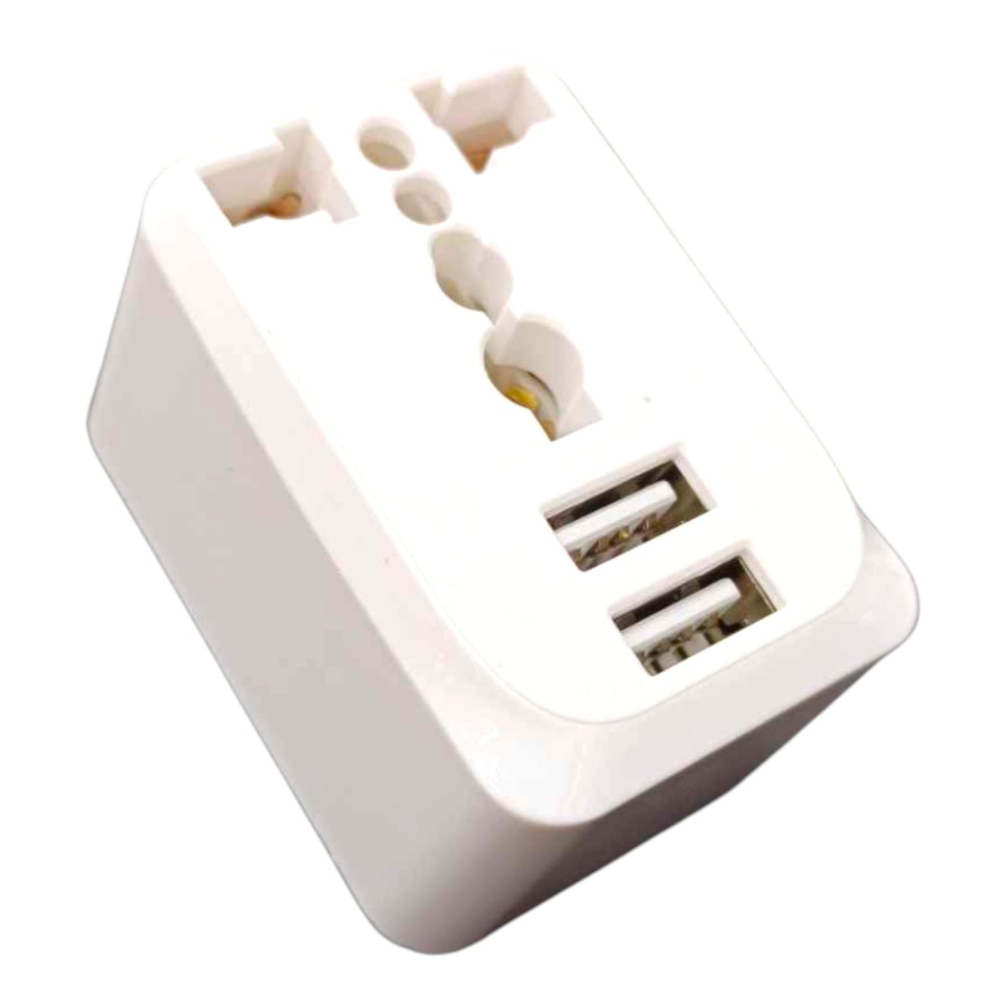 A white universal travel adapter plug with built-in USB-C and USB-A ports, shown on a plain white background.