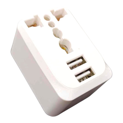 A white universal travel adapter plug with built-in USB-C and USB-A ports, shown on a plain white background.