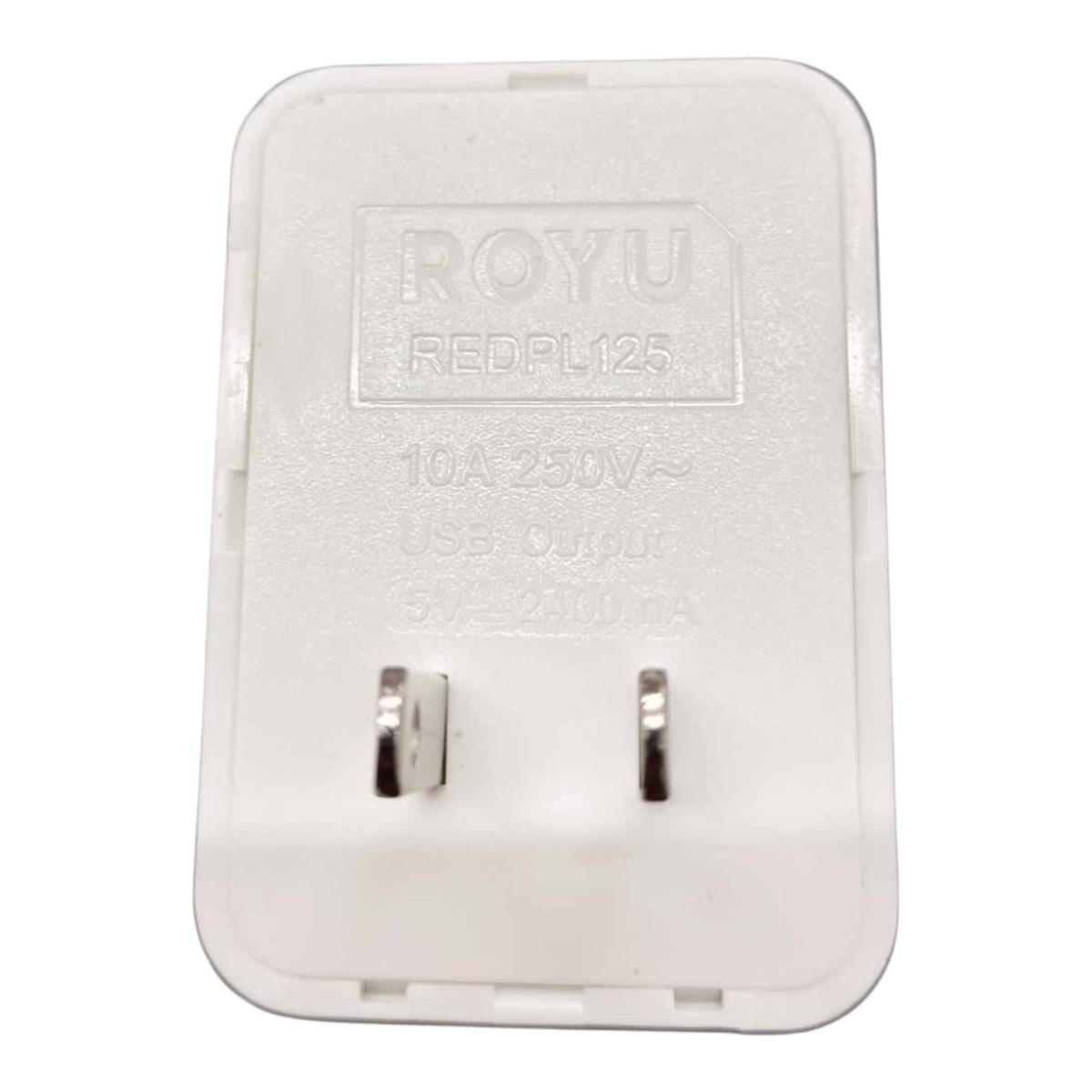 A white plastic USB wall charger plug with two metal pins, featuring embossed branding 'ROYU' and model 'REDPL125' on the front, set against a plain white background.