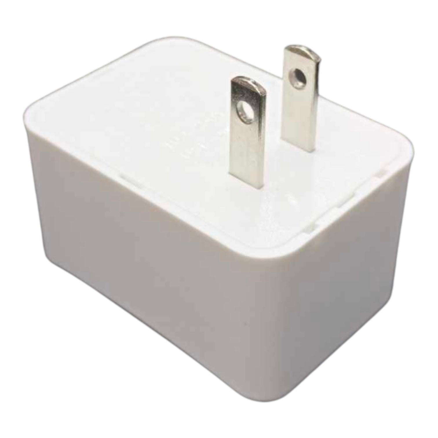 A white rectangular wall charger adapter with two silver metal flat prongs, shown on a plain white background.