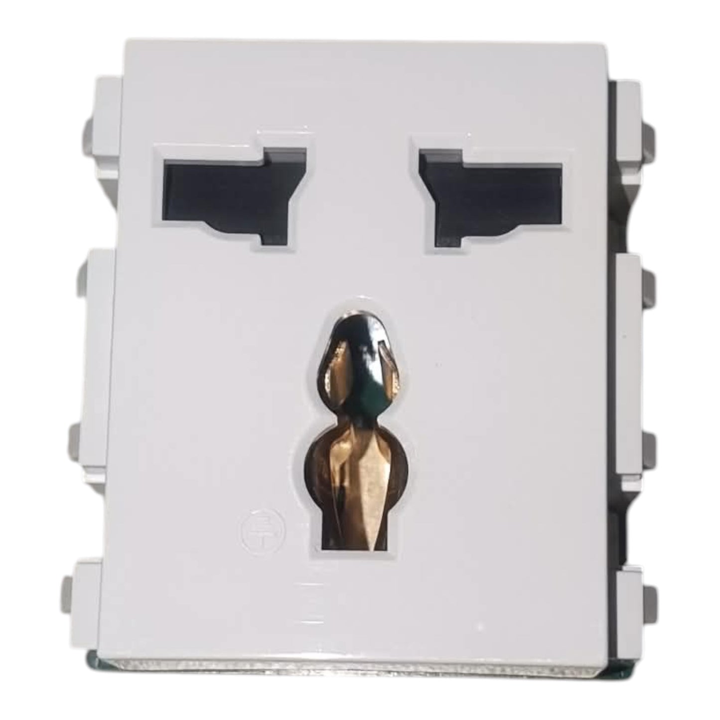 A white plastic electrical outlet cover plate with a cutout keyhole in the center and two socket slots on top, shown against a plain white background.