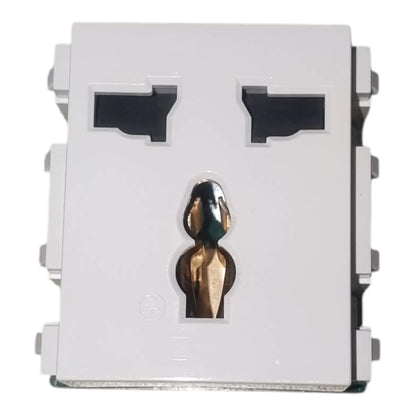 A white plastic electrical outlet cover plate with a cutout keyhole in the center and two socket slots on top, shown against a plain white background.