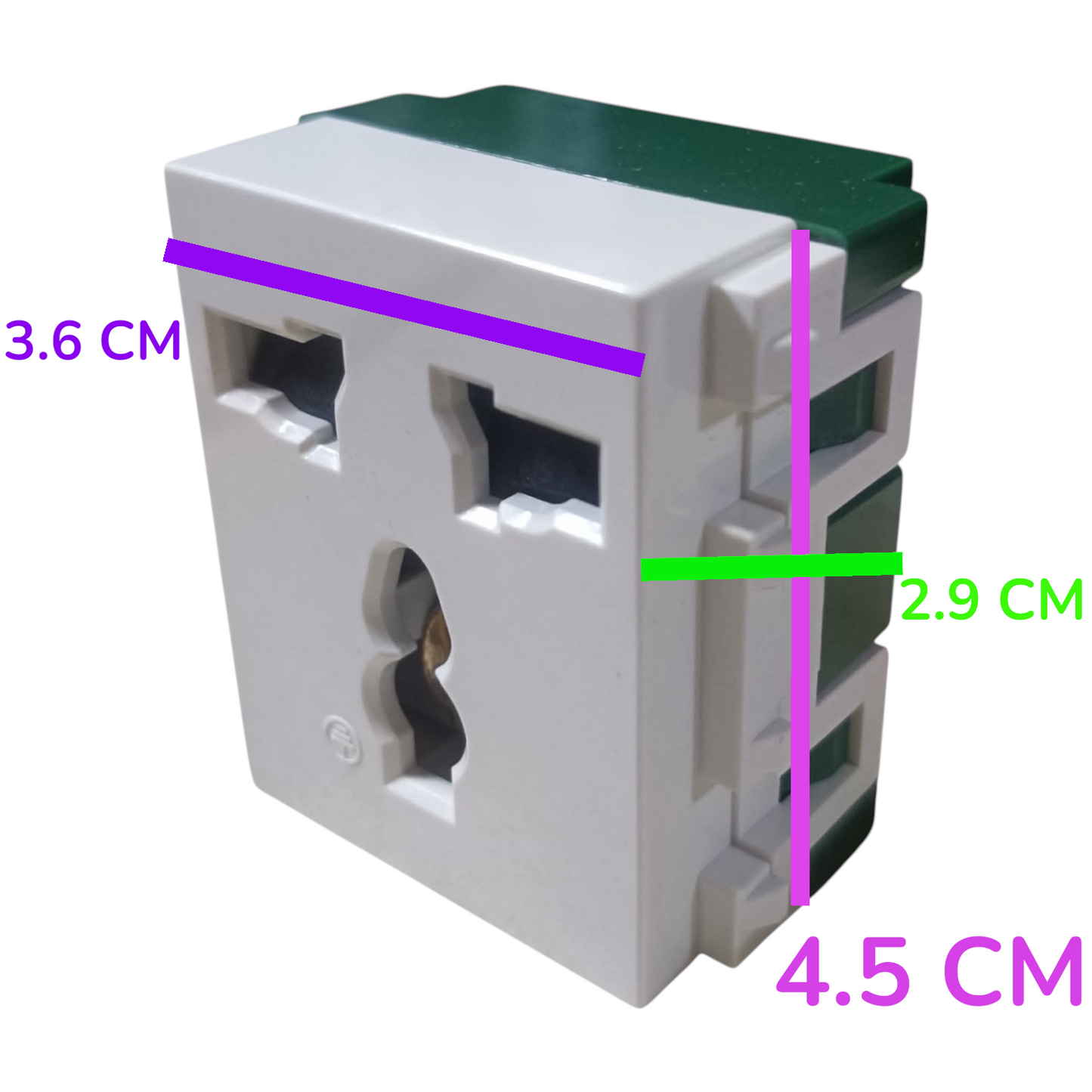 A white electrical wall outlet socket with a dark green top plate, overlaid with purple, green, and pink dimension lines and text showing measurements of 3.6 cm, 2.