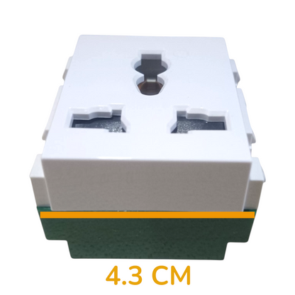 A white plastic multi-socket wall outlet cover with two plug openings and a keyhole-shaped cutout, shown on a white background with a green base and a yellow measurement label reading 4.3 CM.