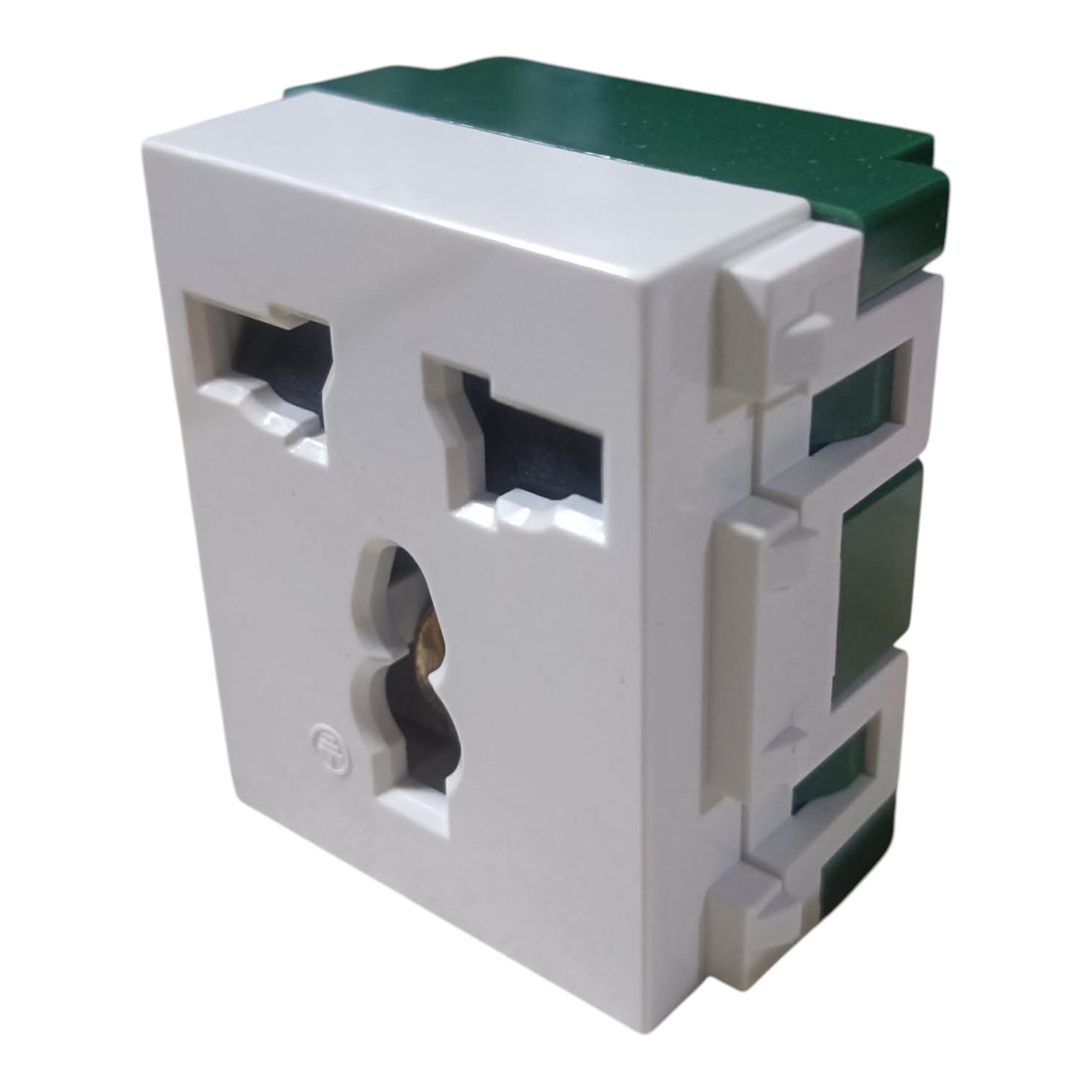 The underside of a circular black plastic electrical junction box or terminal block, showing metal screw terminals, a barcode sticker, and a small pink wire tag, isolated on a white background.