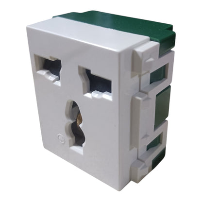 The underside of a circular black plastic electrical junction box or terminal block, showing metal screw terminals, a barcode sticker, and a small pink wire tag, isolated on a white background.