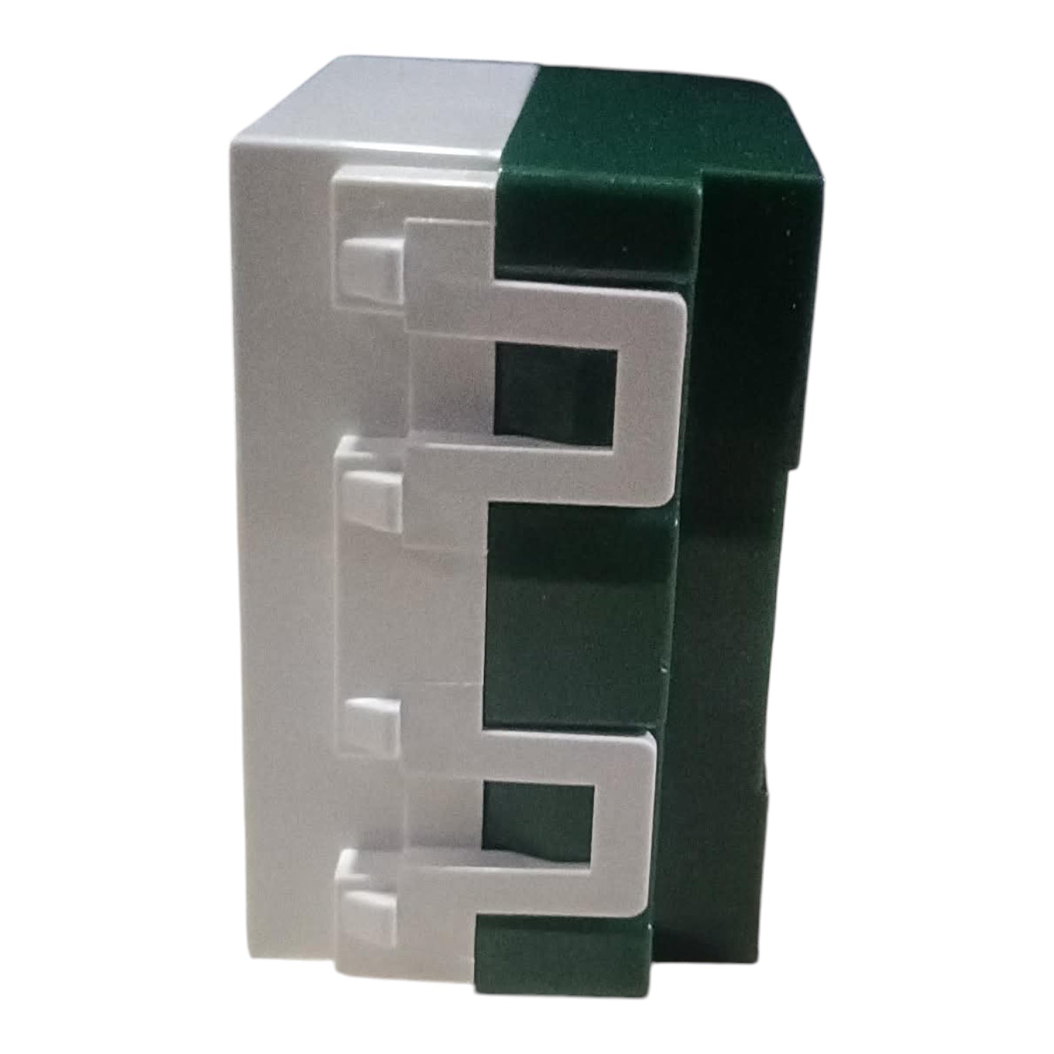 A small plastic hardware component with a dual-color design, featuring a light gray front face and a dark forest green side panel, isolated on a white background.