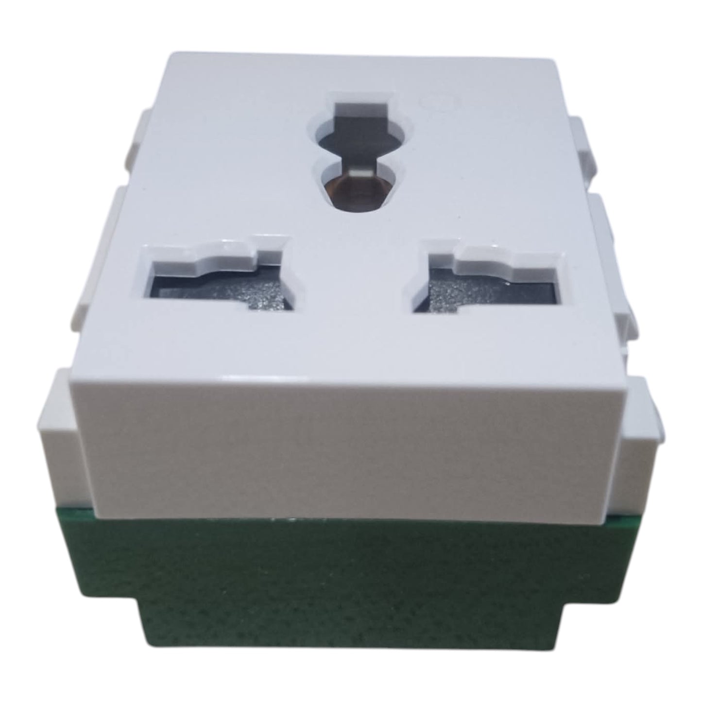 A white plastic multi-socket wall outlet cover with a green textured base, shown on a plain white background.