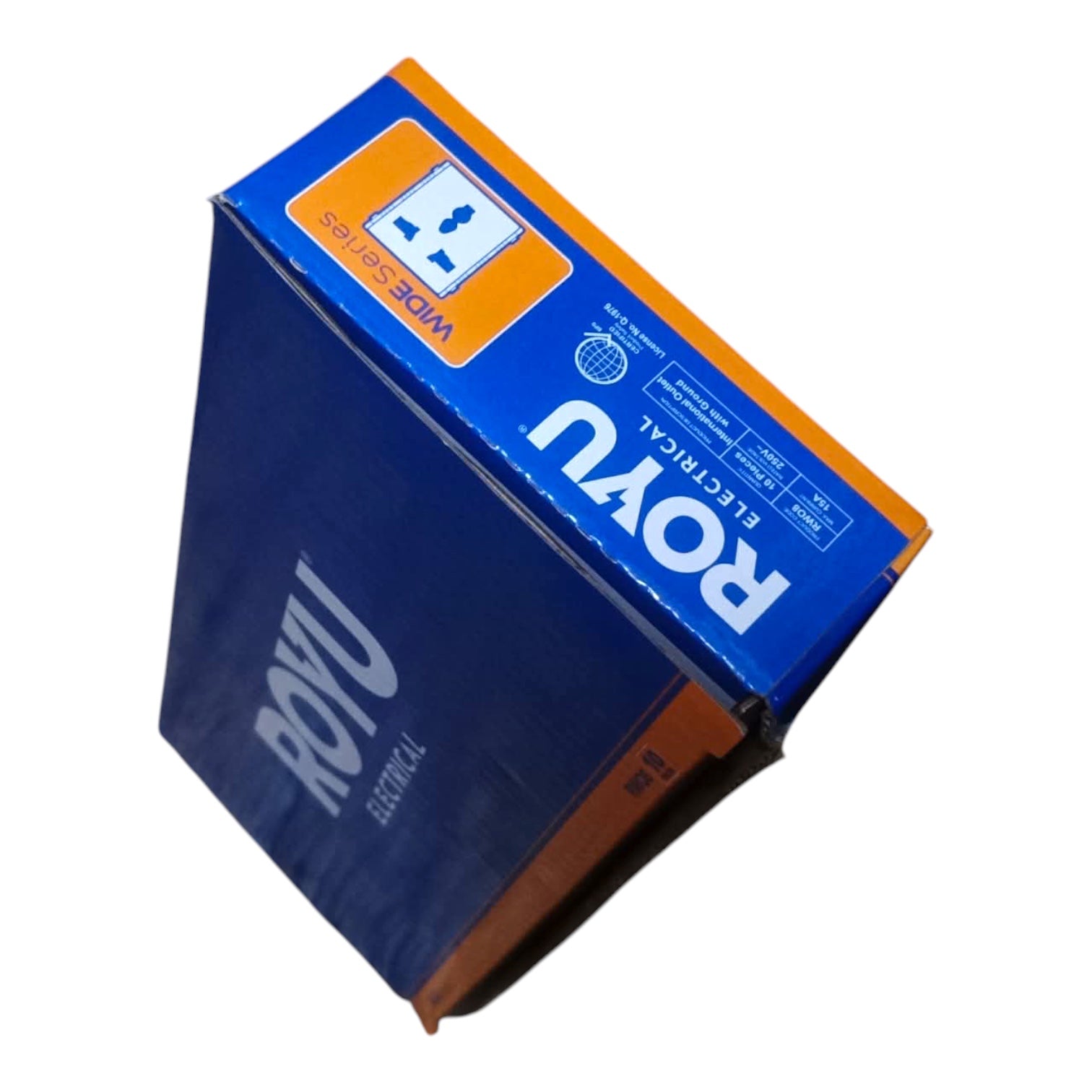 A blue and orange ROYU Electrical wide connector box, photographed at an angle on a plain white background.