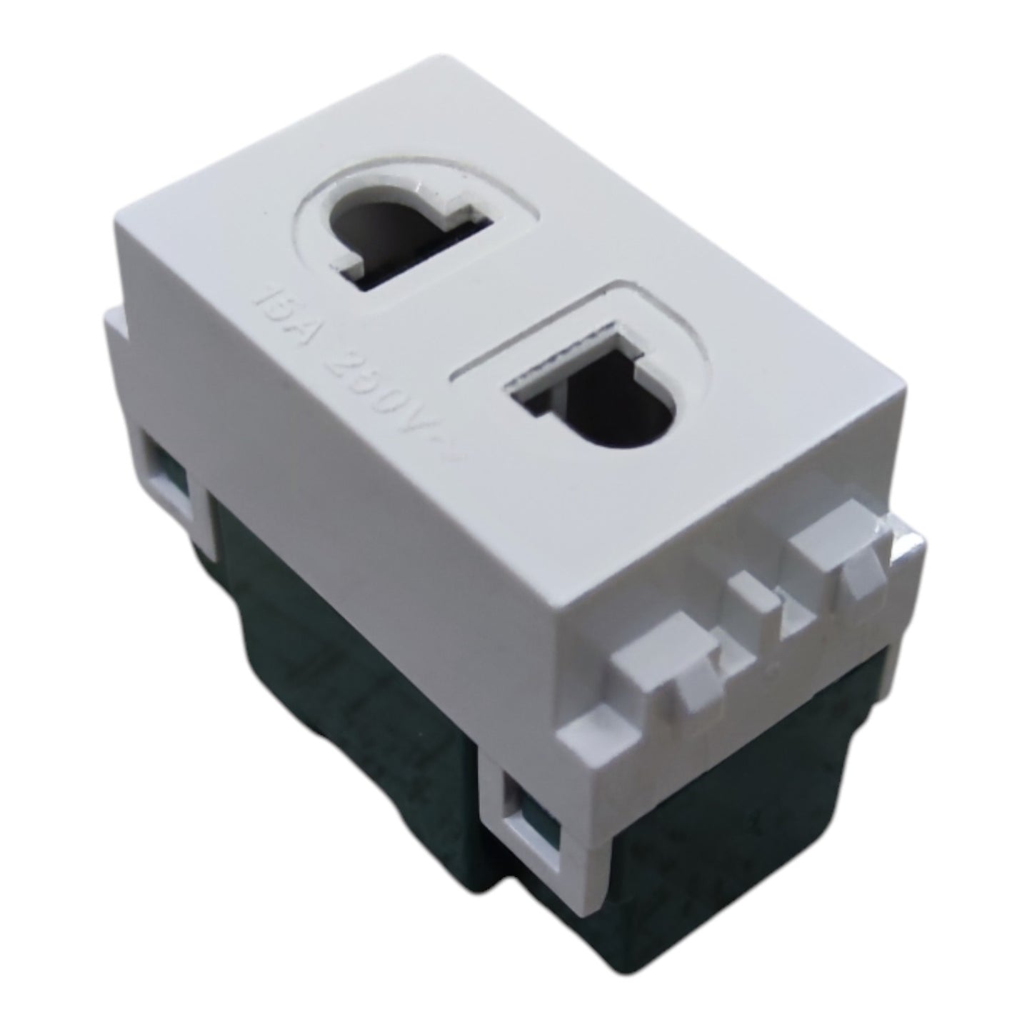 A white electrical outlet cover plate with two RJ45 Ethernet port cutouts and a dark green base, shown on a plain white background.