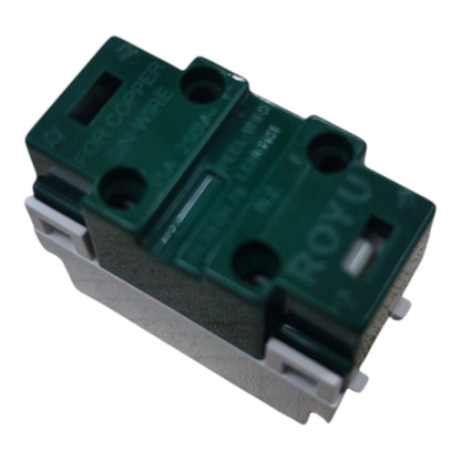 A Royu brand marine electrical switch component with a dark green top housing and a silver metal base, shown on a plain white background.