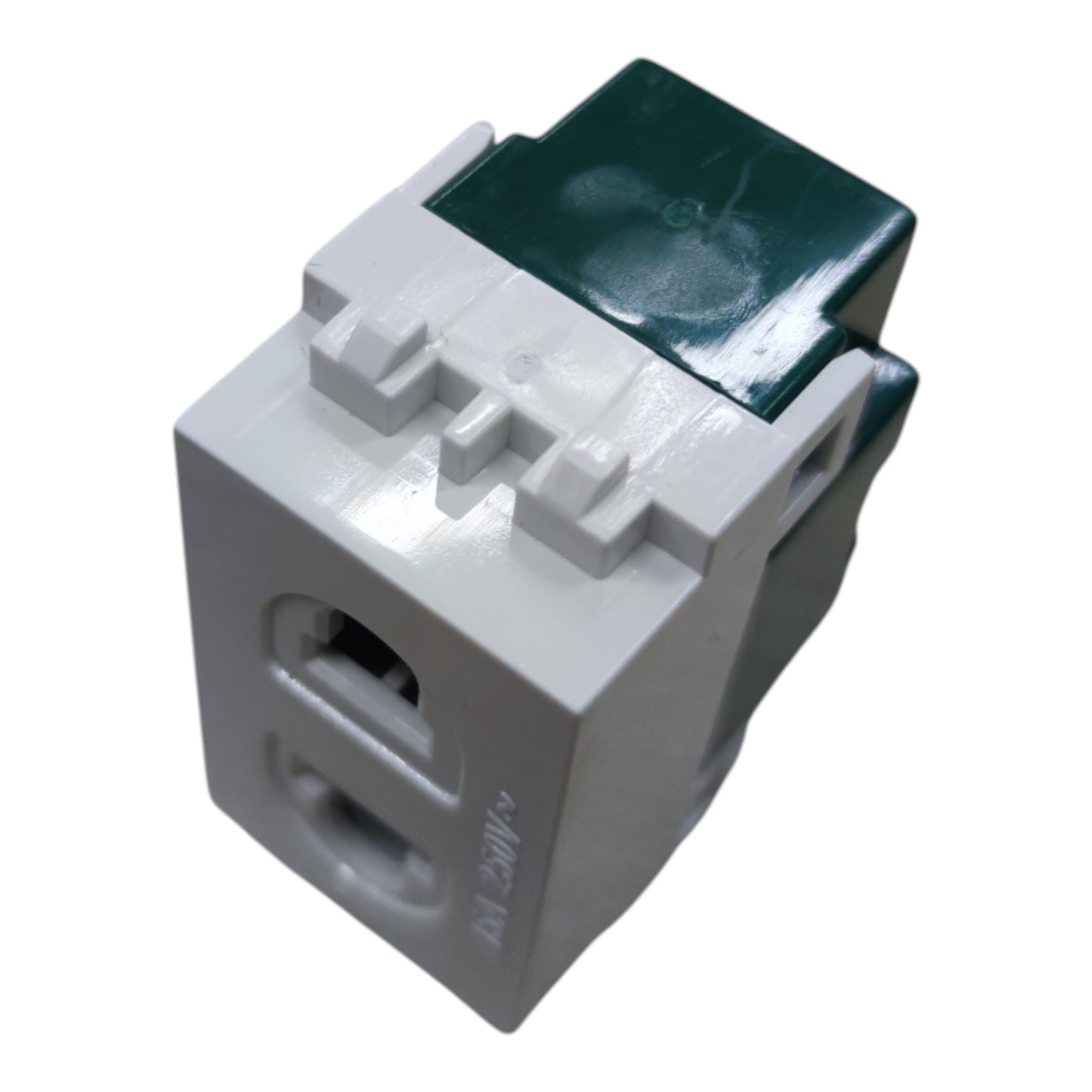A white plastic electrical outlet adapter or socket component with a dark green top cover, shown on a plain white background.