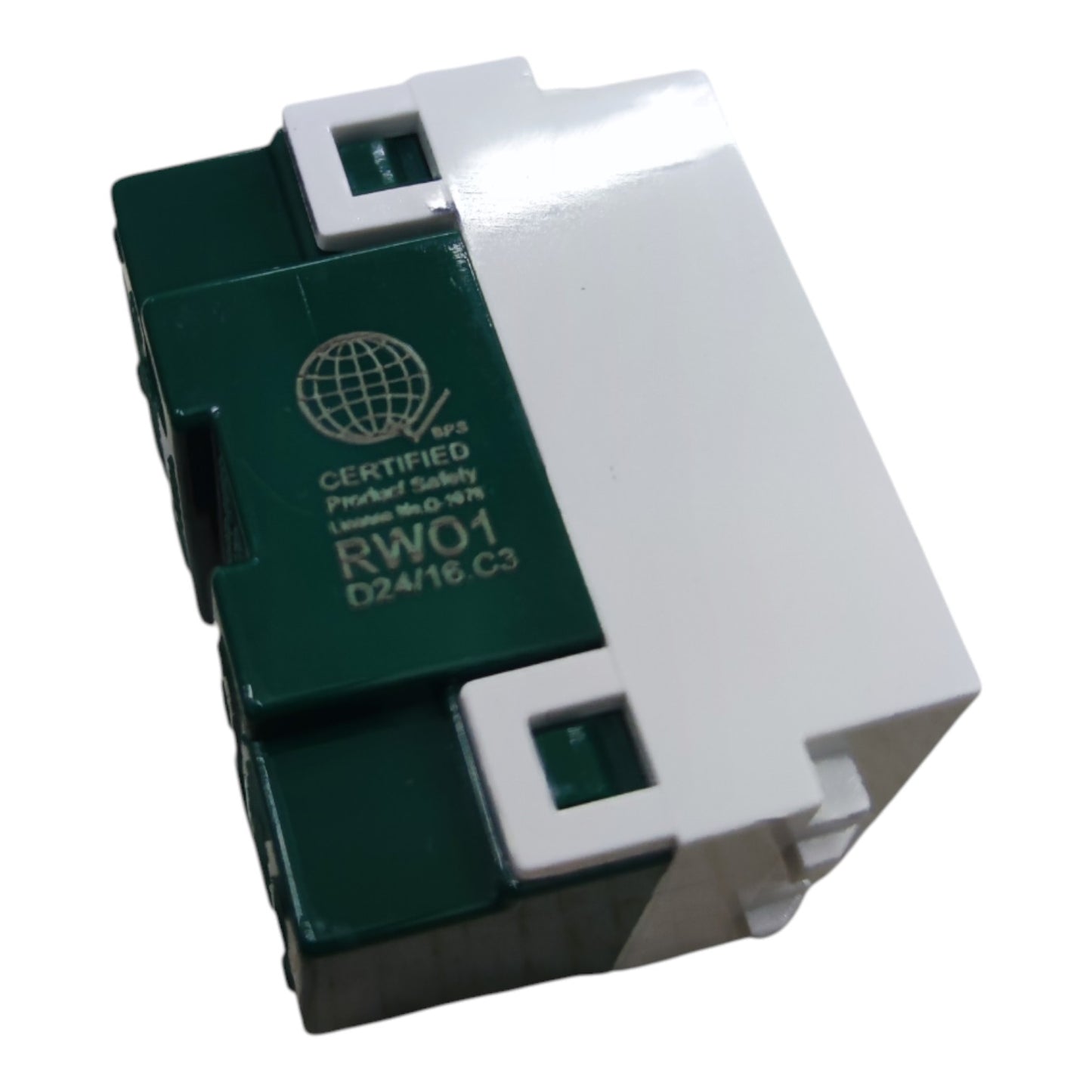 A low voltage safety relay component with a dark green printed face, white plastic housing, and green terminal windows, featuring certification text 'CERTIFIED Fused Safety Relay RW01'.