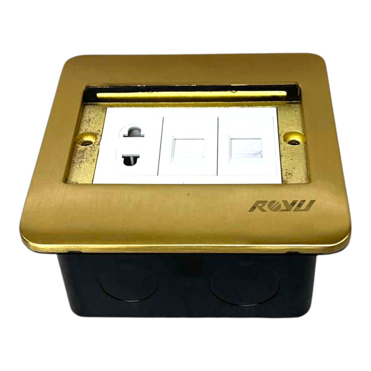 A recessed dual G16 power outlet and switch panel with a brushed gold metal faceplate, white switch buttons, and a black junction box base, shown on a white background.