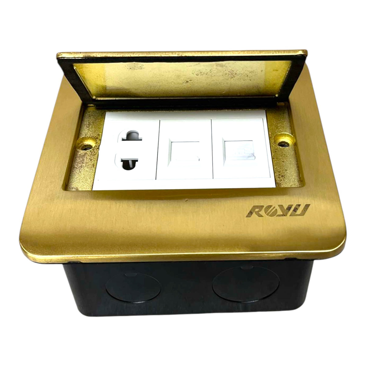 A recessed dual GNDAC outlet socket cover with a brushed gold metal faceplate, a black junction box base, and a white double switch panel inside, shown on a white background.