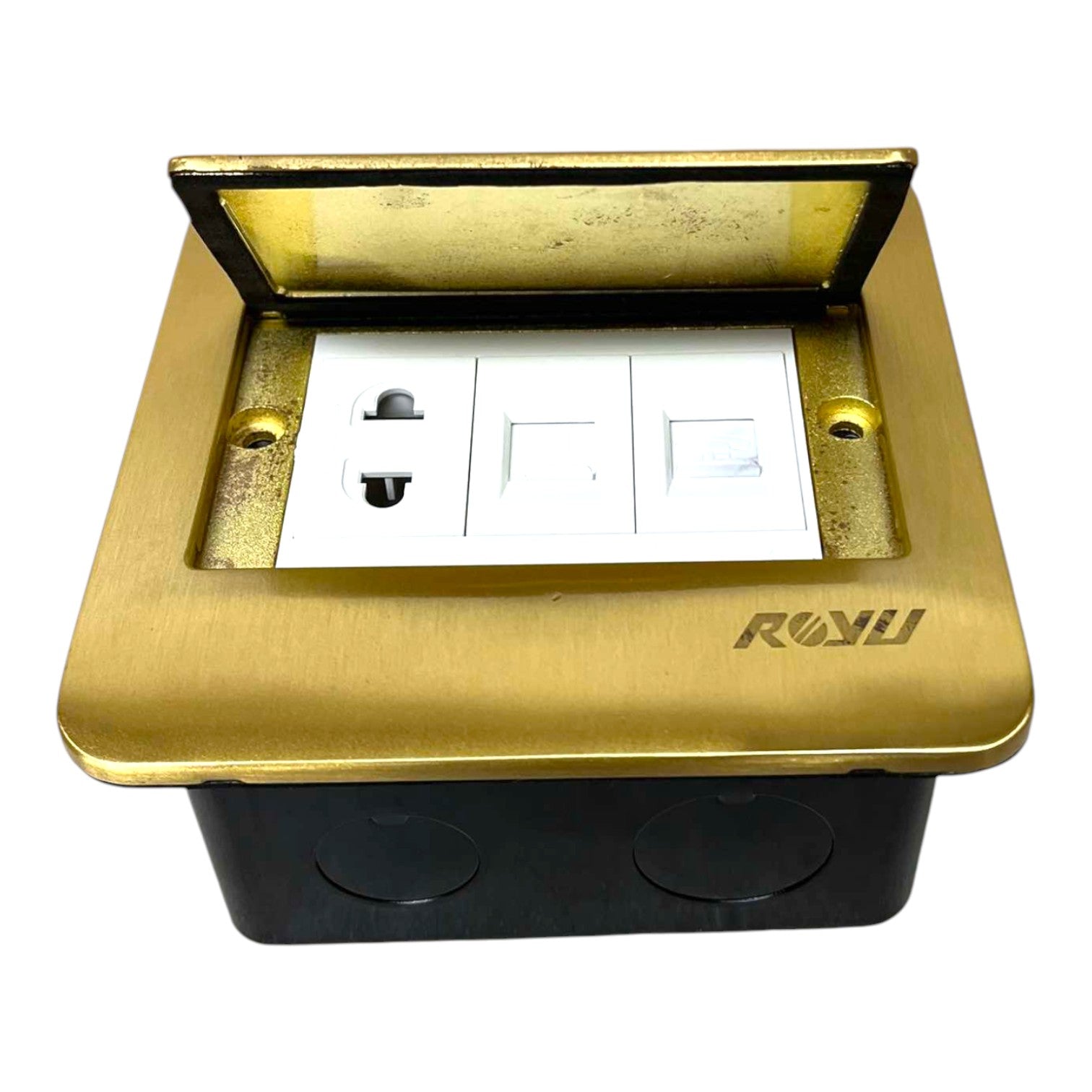 A recessed dual GNDAC outlet socket cover with a brushed gold metal faceplate, a black junction box base, and a white double switch panel inside, shown on a white background.